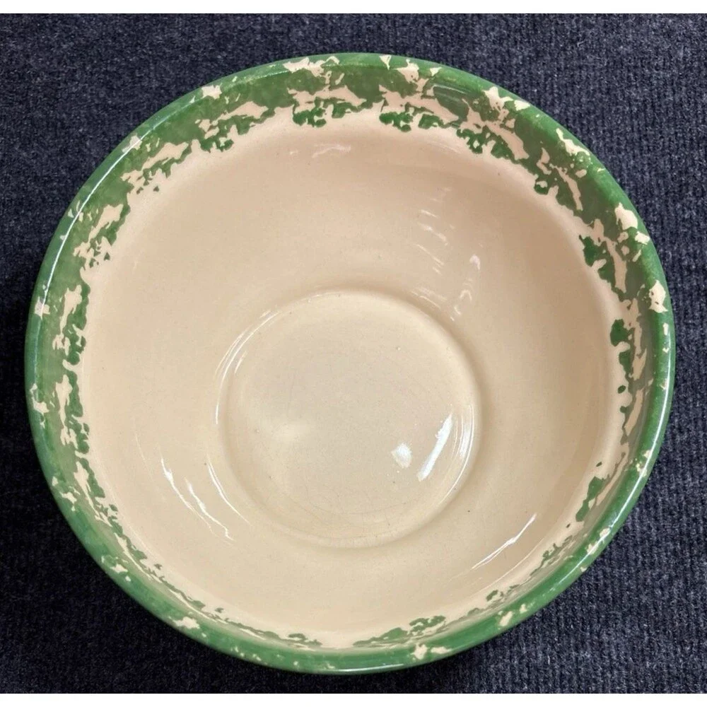 Alpine Pottery Roseville Ohio Large 8 ½” Bowl Green Check Spongeware Floral